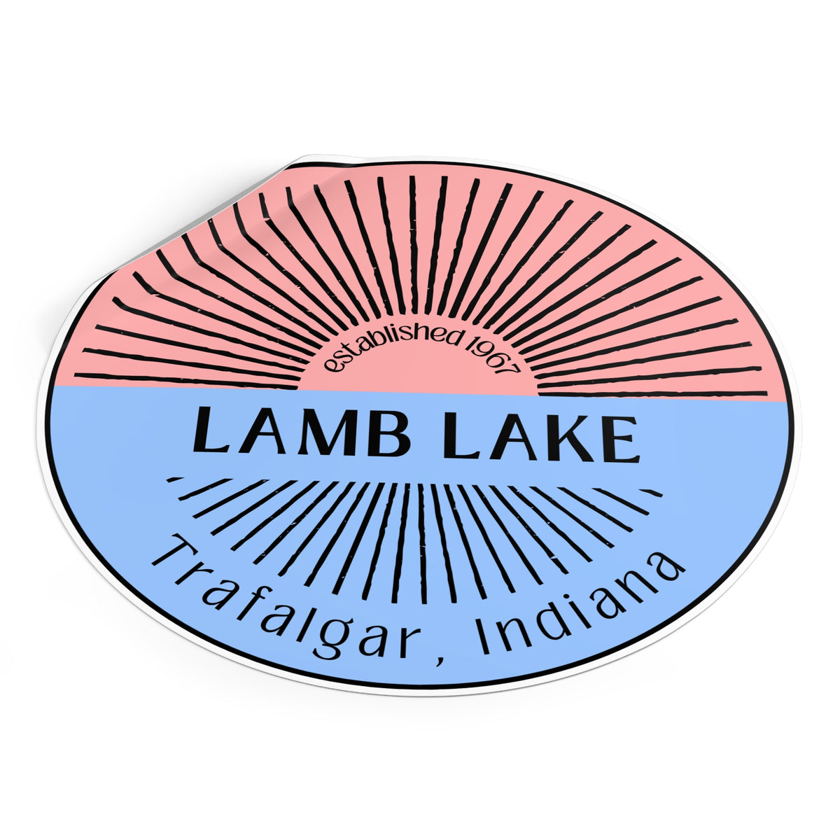 Lamb Lake Split Sun Round Vinyl Sticker — Trafalgar, Indiana (Established 1967)