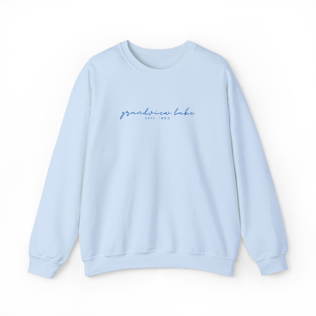 Grandview Lake Script Embroidered Unisex Sweatshirt — Minimal Blue Handwritten Logo Crewneck