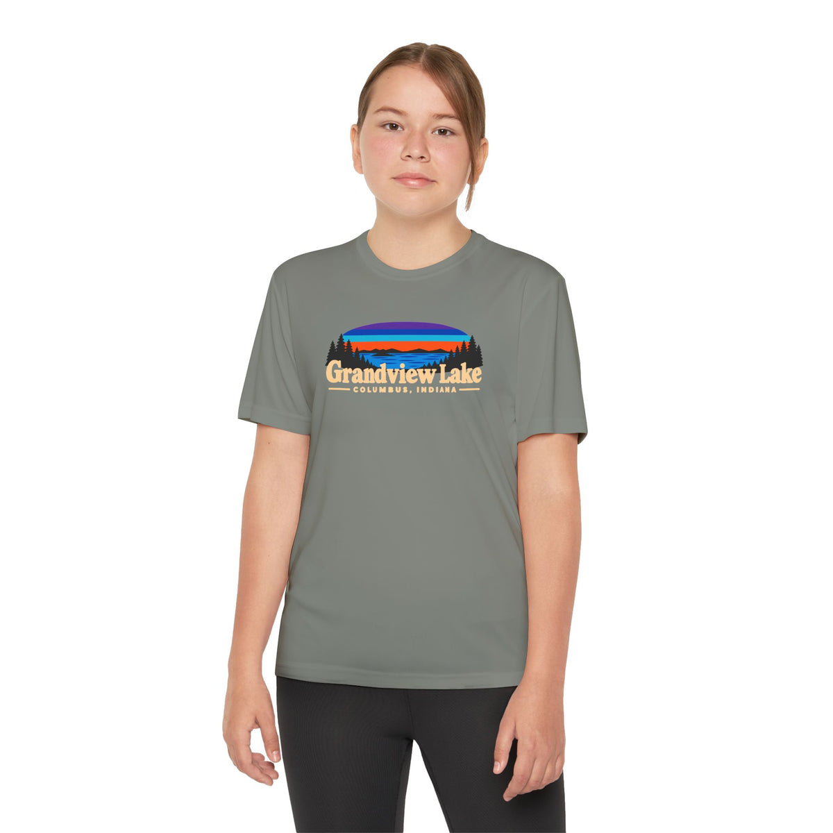 Youth Performance Tee — Grandview Lake Retro Sunset Camp Shirt