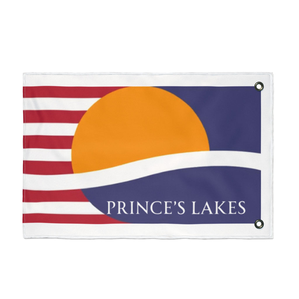 Prince's Lakes Double-Sided Outdoor Flag — Sunset Wave Logo Garden Flag