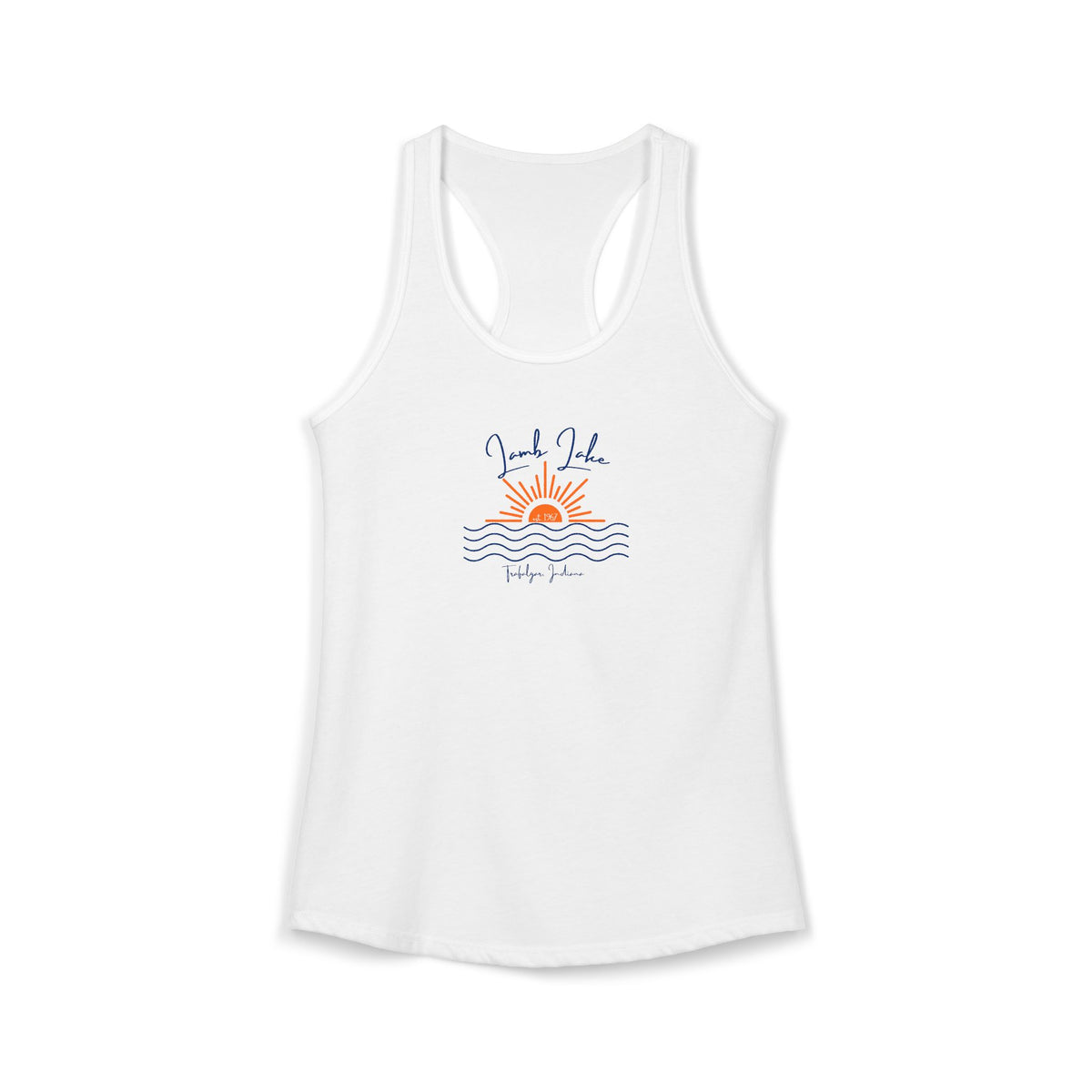 Women's Ideal Racerback Tank- Sun over Water "Lamb Lake" Script