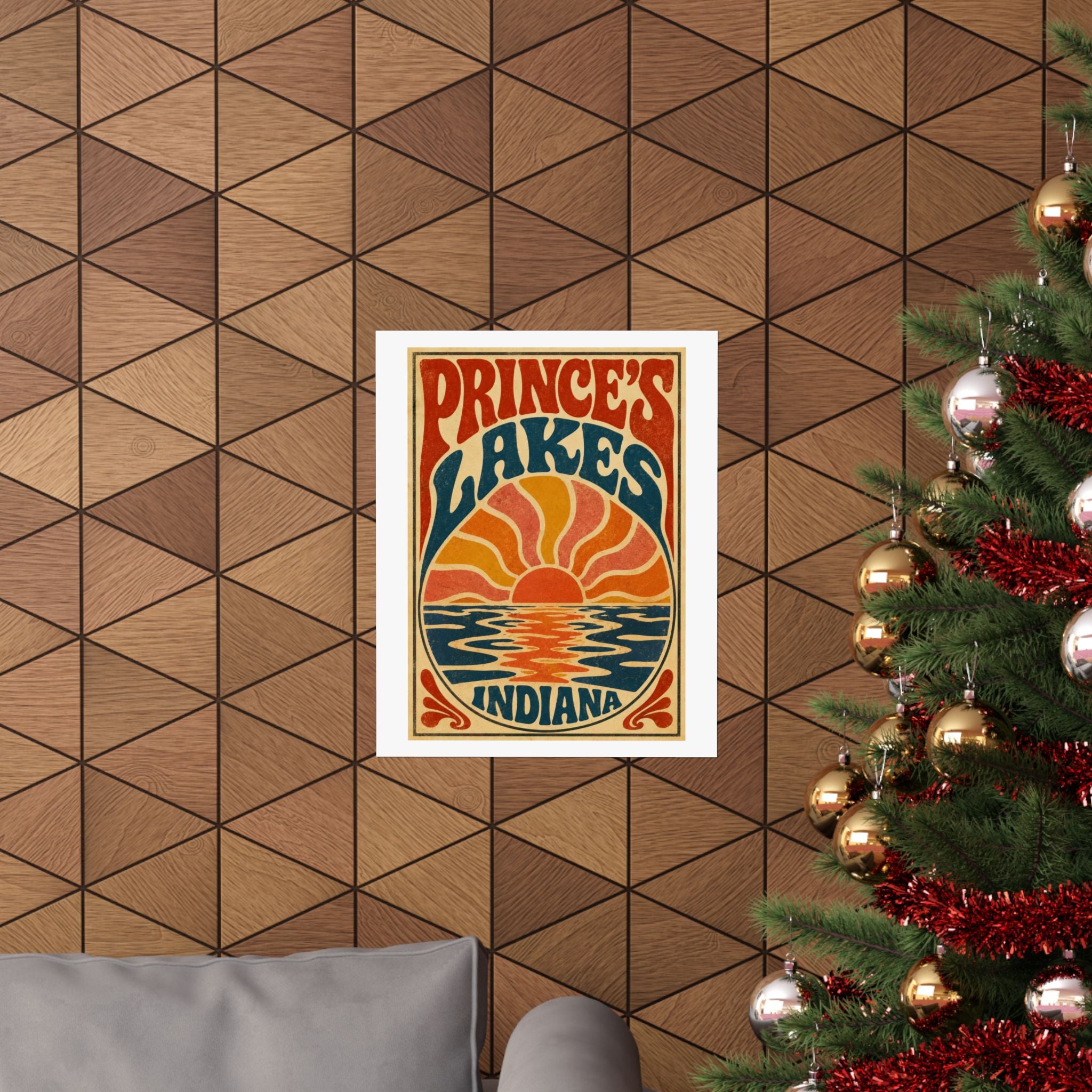 Prince's Lakes Indiana Groovy Sunset Poster — Matte Vertical Wall Art