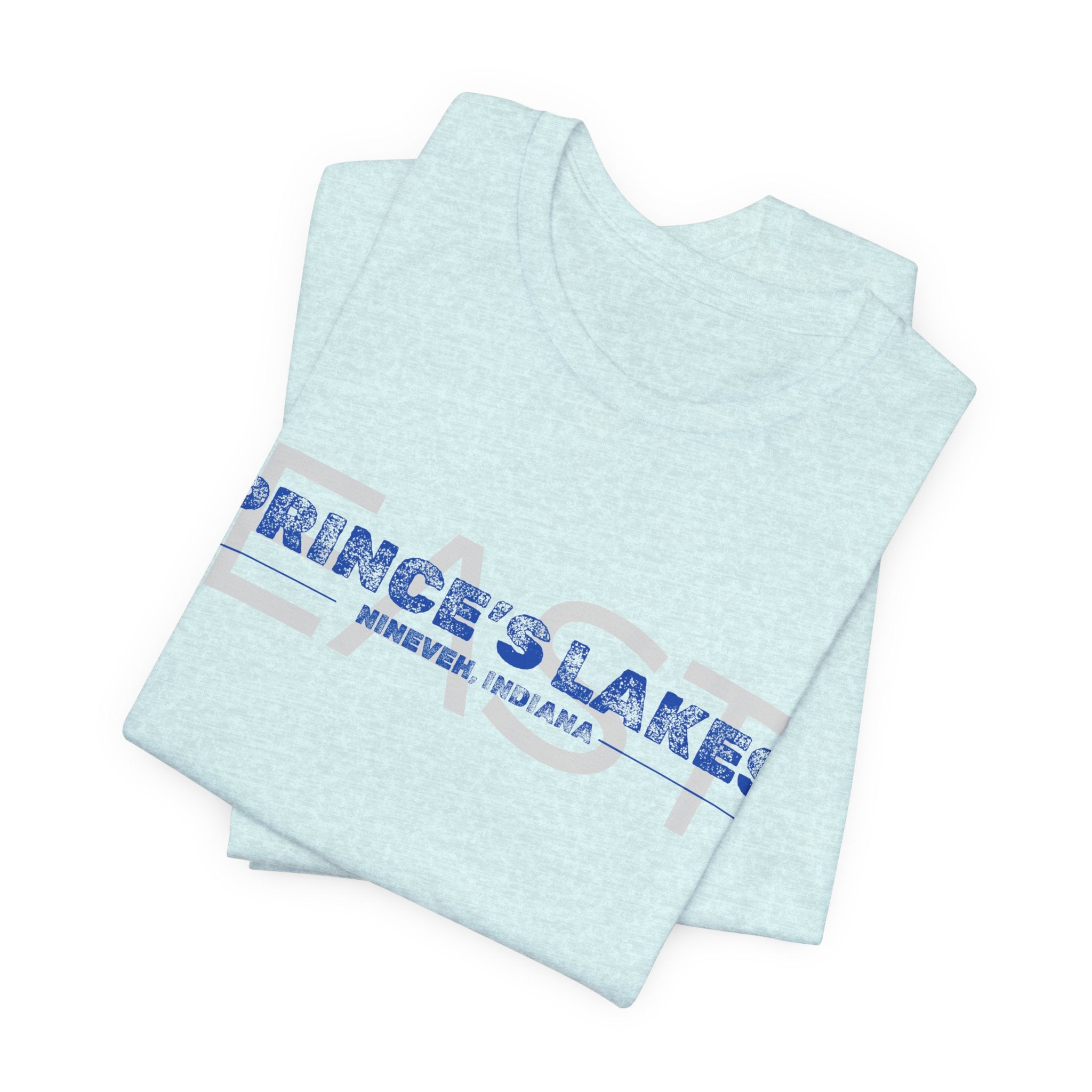 EAST Prince's Lakes, Indiana Tee — Vintage Blue Text Short Sleeve T-Shirt