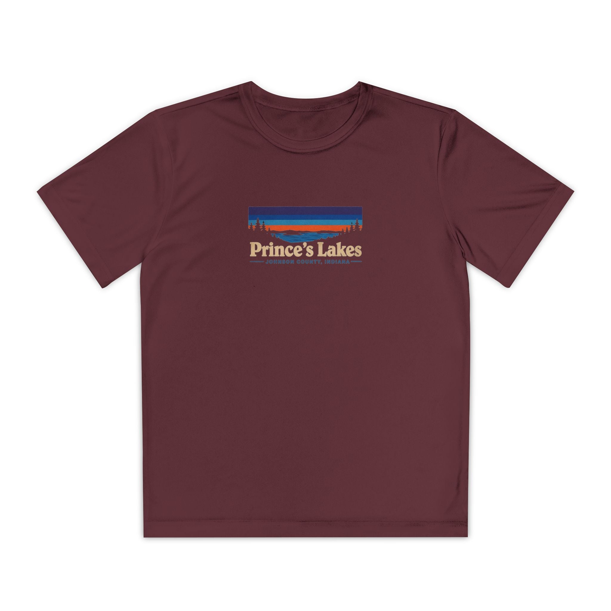 Prince's Lakes Youth Performance Tee — Retro Sunset Camp Shirt
