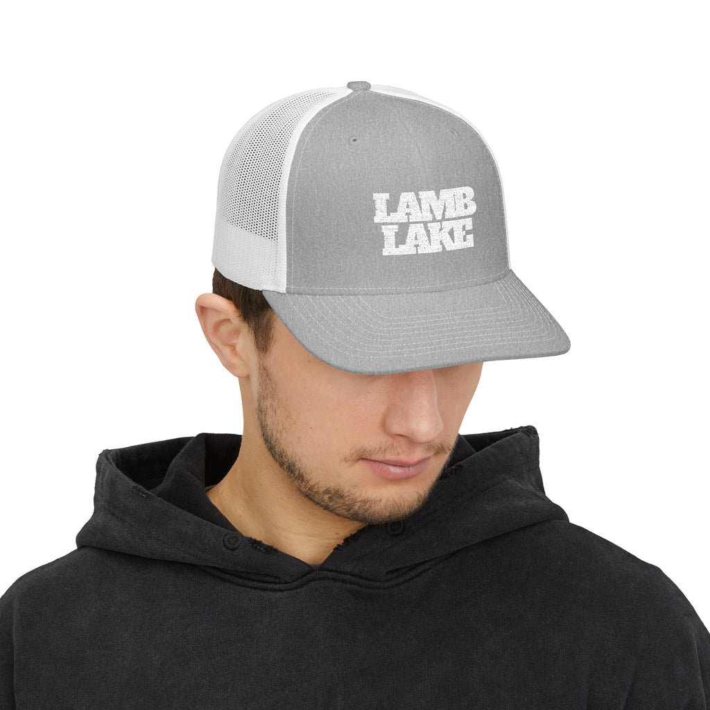 Lamb Lake Trucker Hat — Vintage White Mesh Snapback Cap