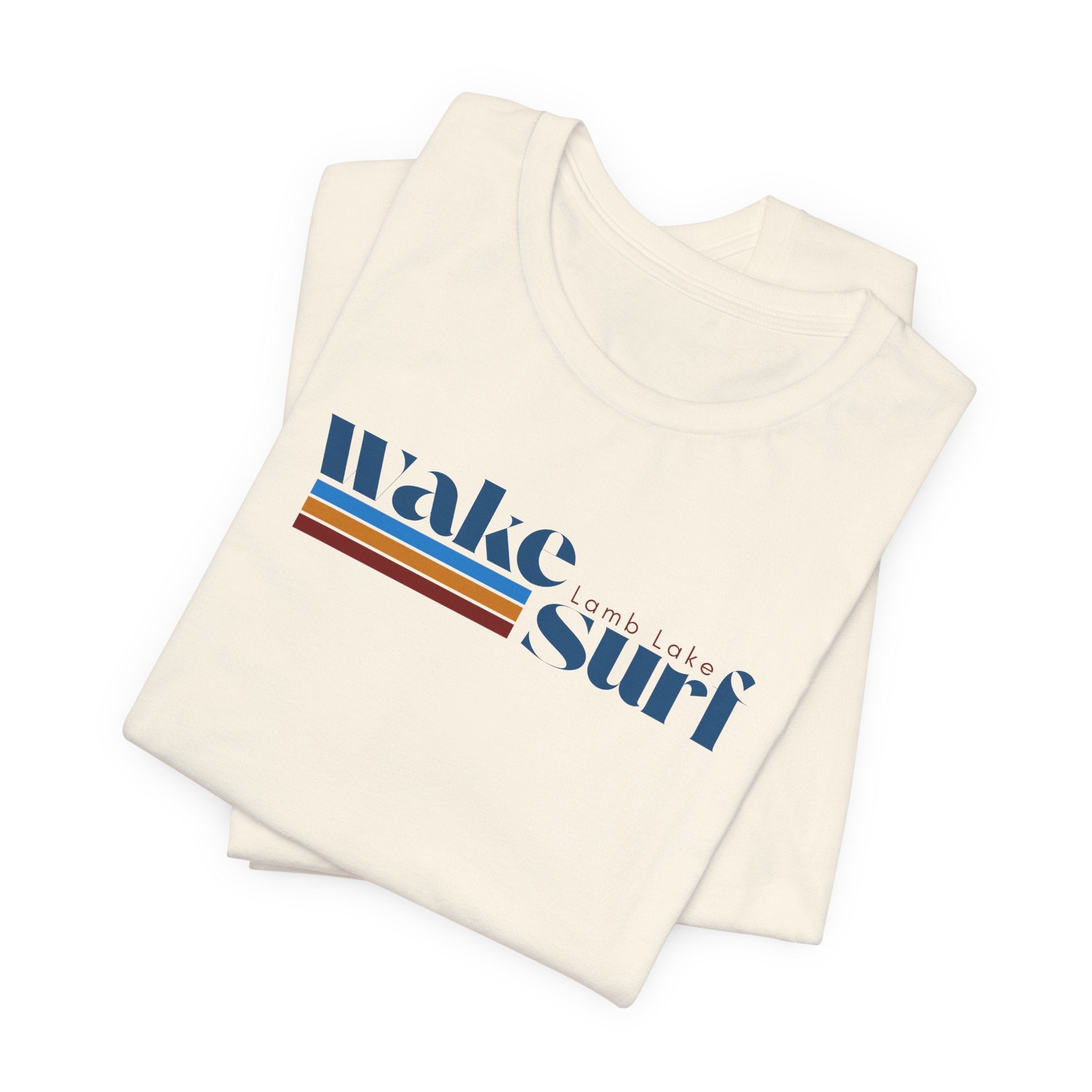 Wake Surf Lamb Lake Stripe Tee — Retro Surfing Graphic T-Shirt