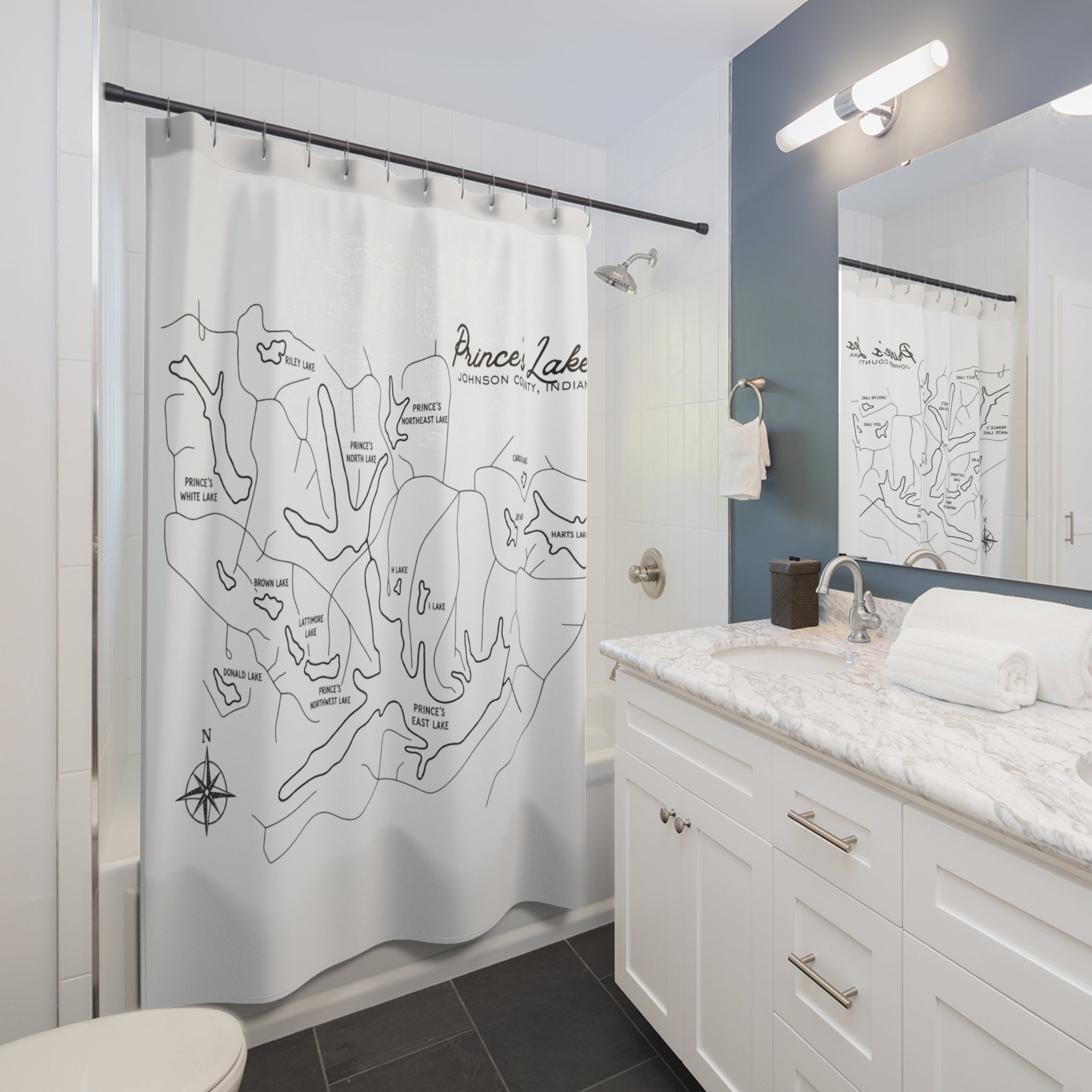 Prince's Lakes Map Shower Curtain — Johnson County, Indiana Lake Map Bathroom Decor
