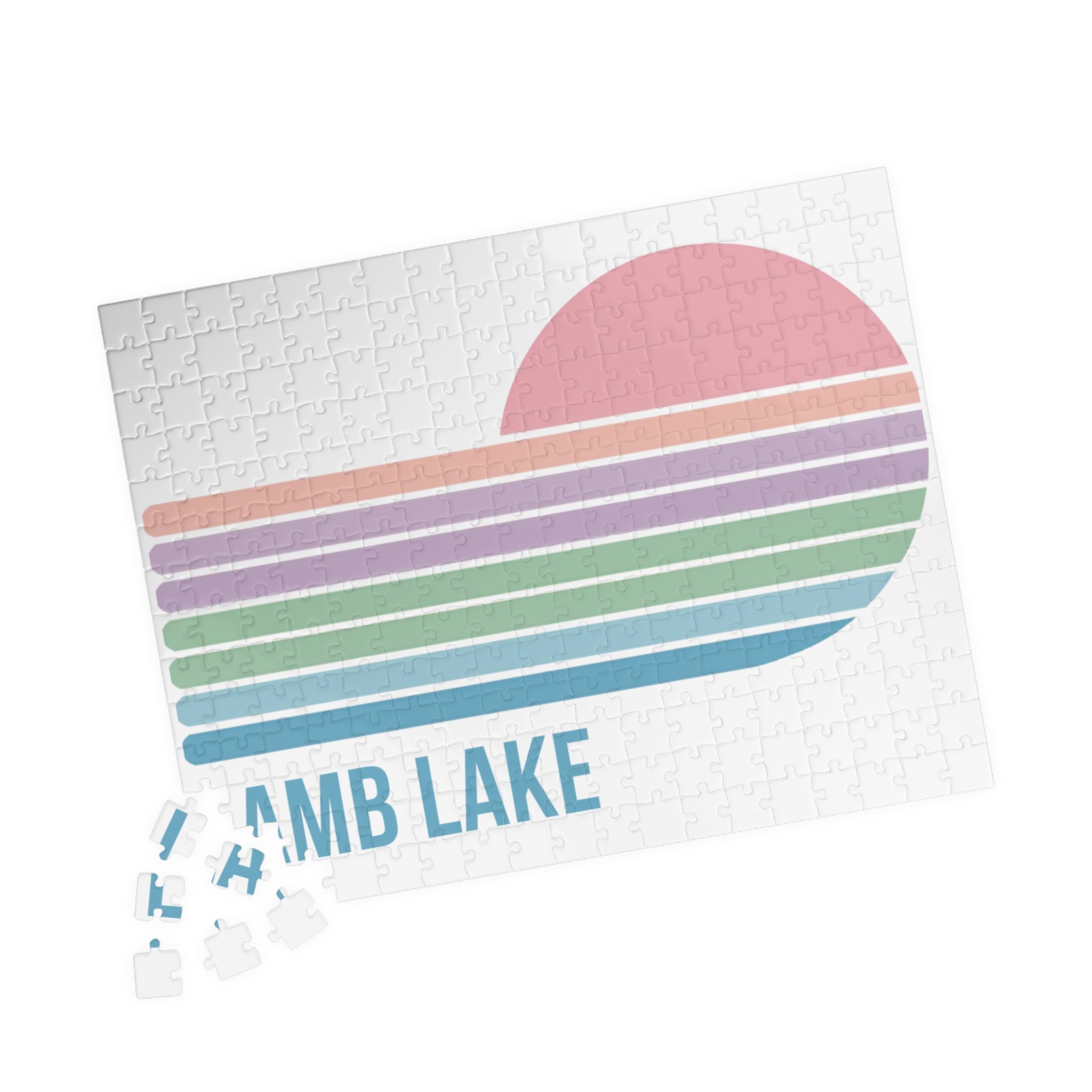 Kids Lamb Lake Sunset Puzzle — Pastel Stripes Jigsaw (110, 252, 510 pc)