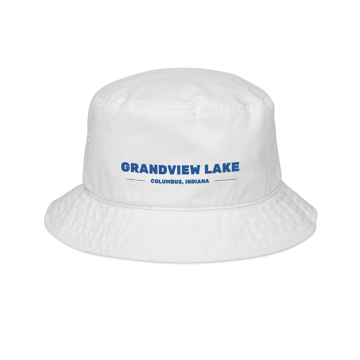 Grandview Lake Embroidered Bucket Hat — Retro Blue Text Travel Cap