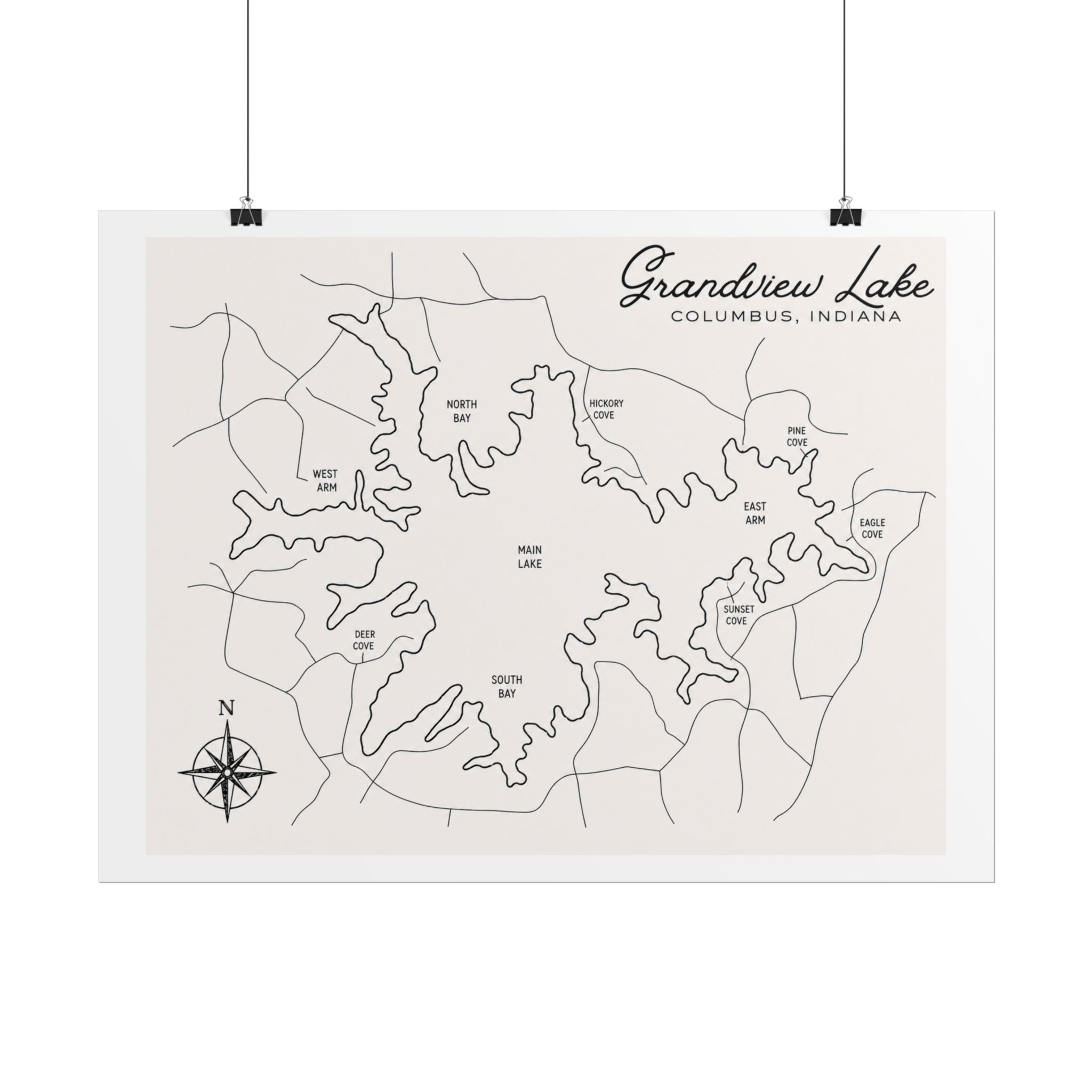 Grandview Lake Map Poster — Rolled Vintage Nautical Lake Map Wall Art