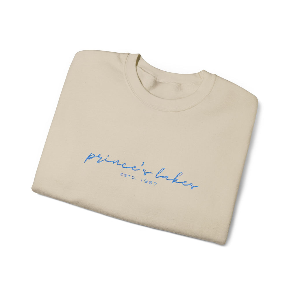 'Prince's Lakes' Script Embroidered Unisex Sweatshirt — Minimal Blue Handwritten Logo Crewneck