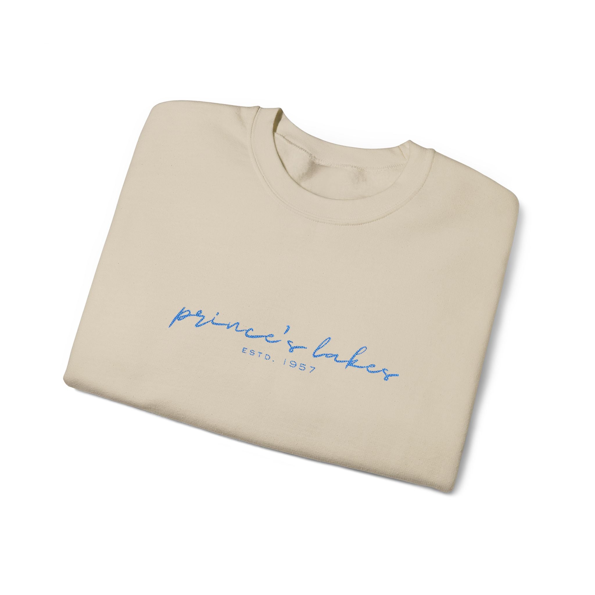 'Prince's Lakes' Script Embroidered Unisex Sweatshirt — Minimal Blue Handwritten Logo Crewneck