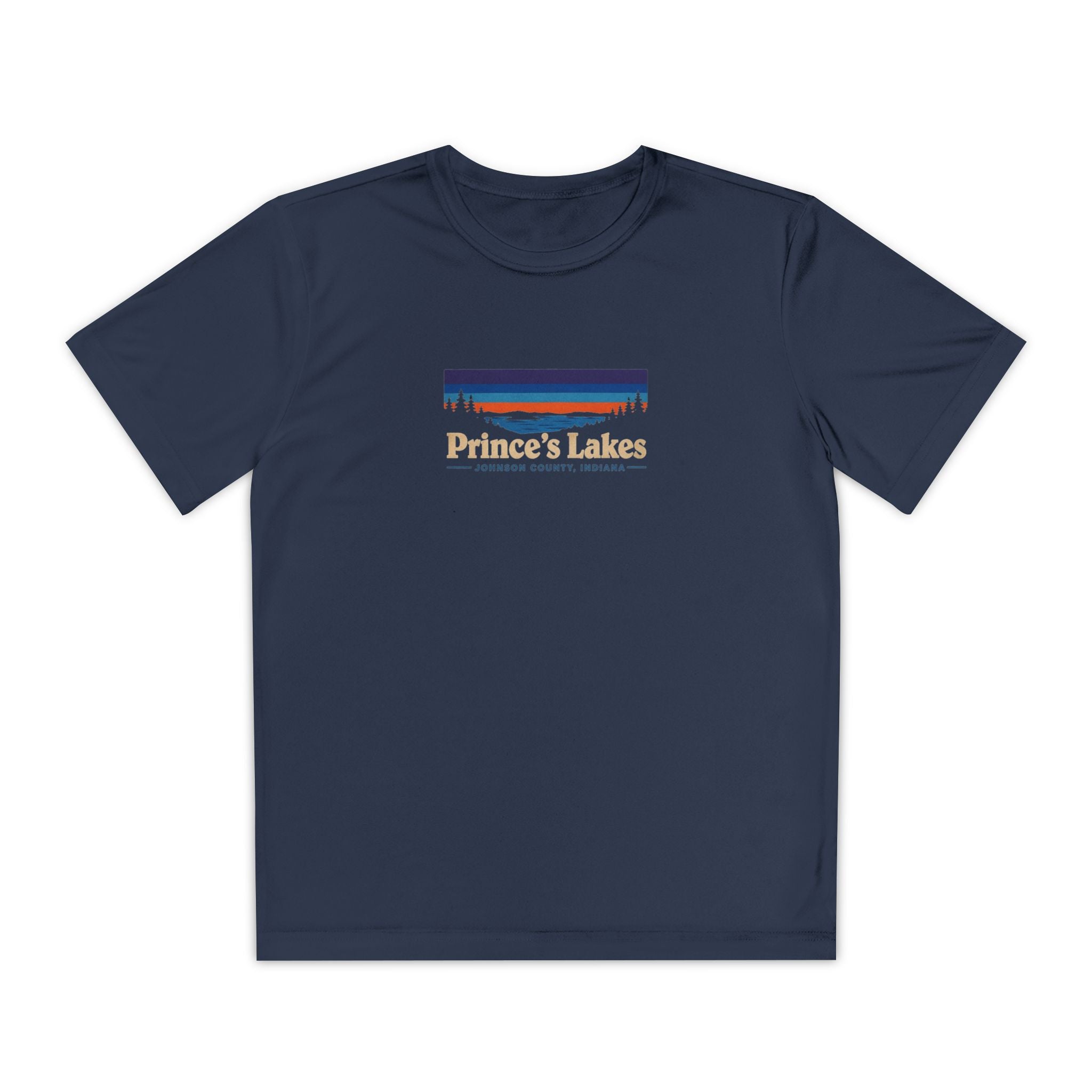 Prince's Lakes Youth Performance Tee — Retro Sunset Camp Shirt