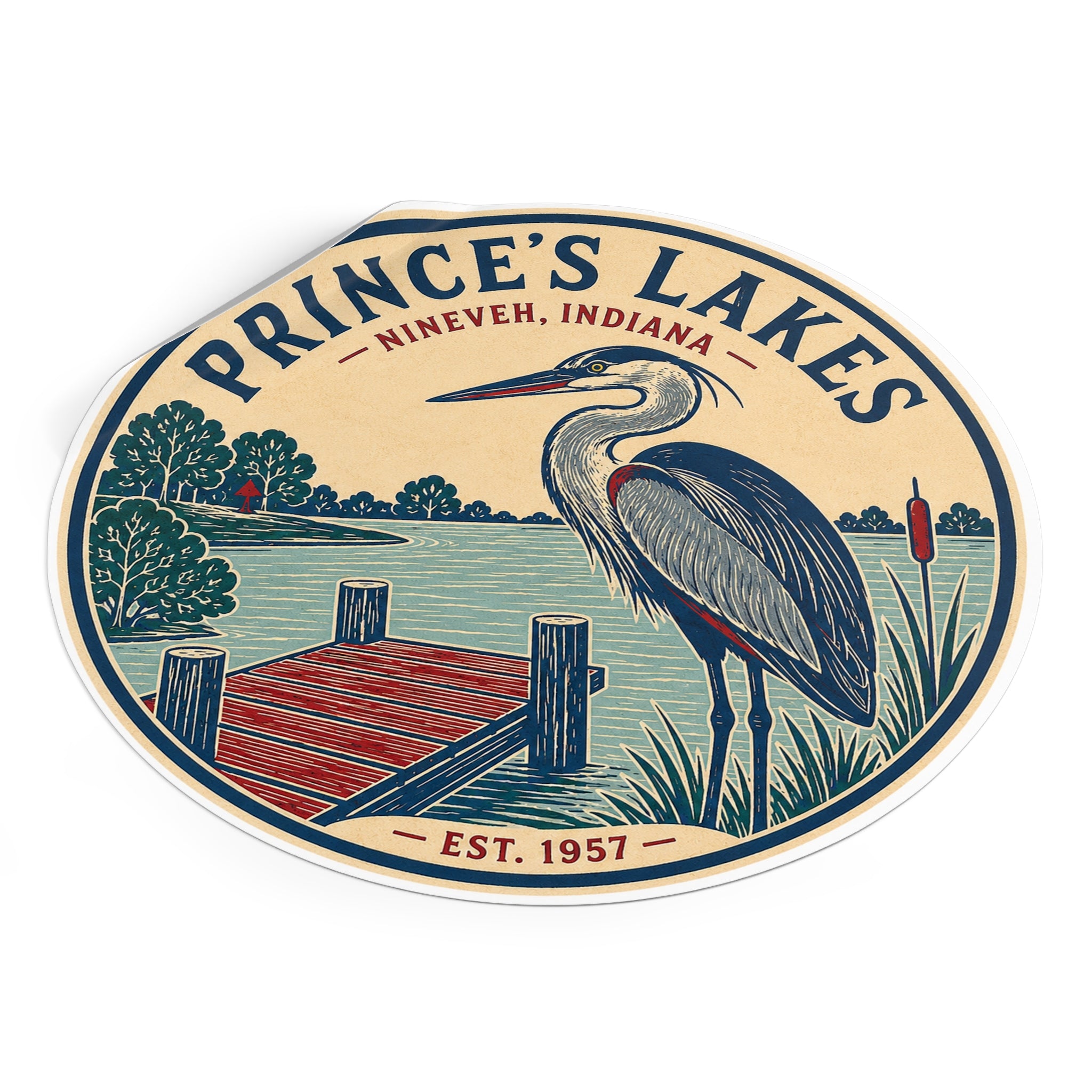 Prince's Lakes Round Vinyl Sticker — Vintage Heron Lake Scene