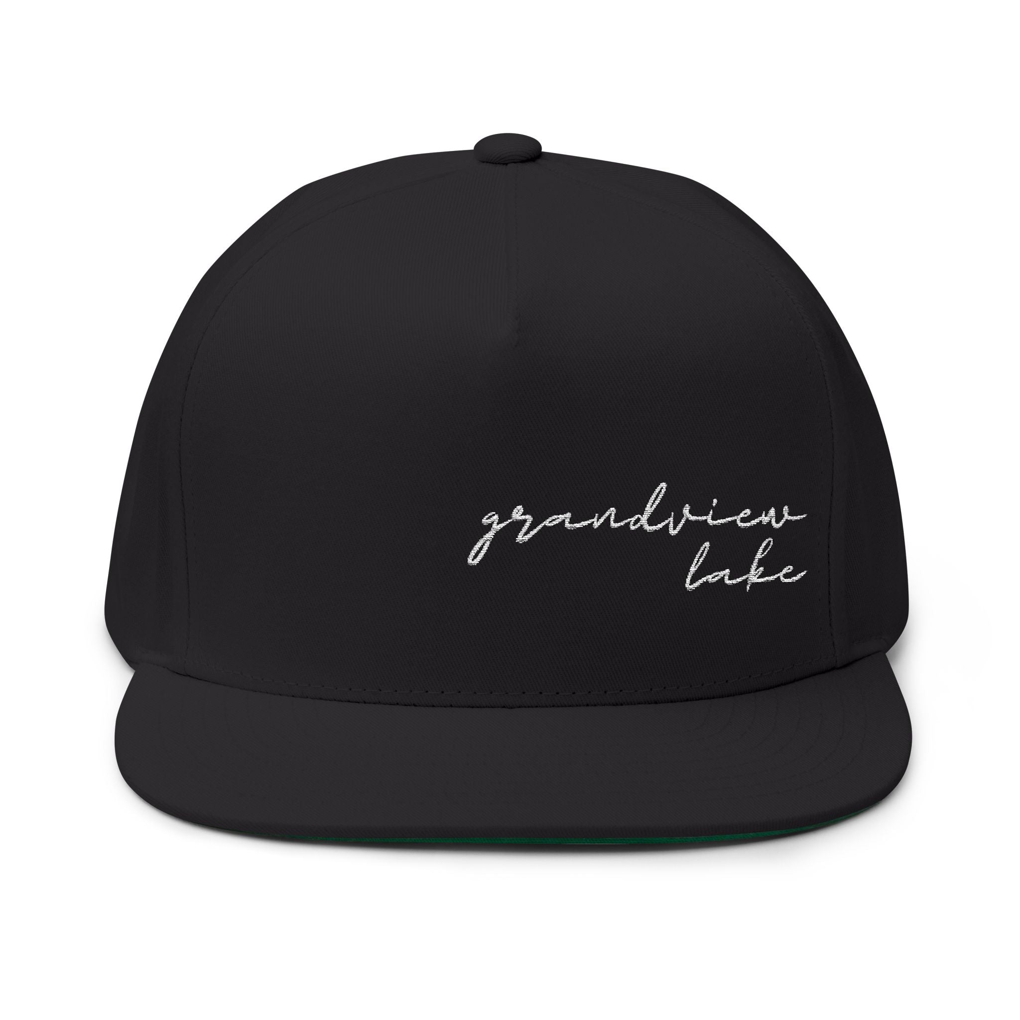 Grandview Lake White Script Embroidered Flat Bill Cap