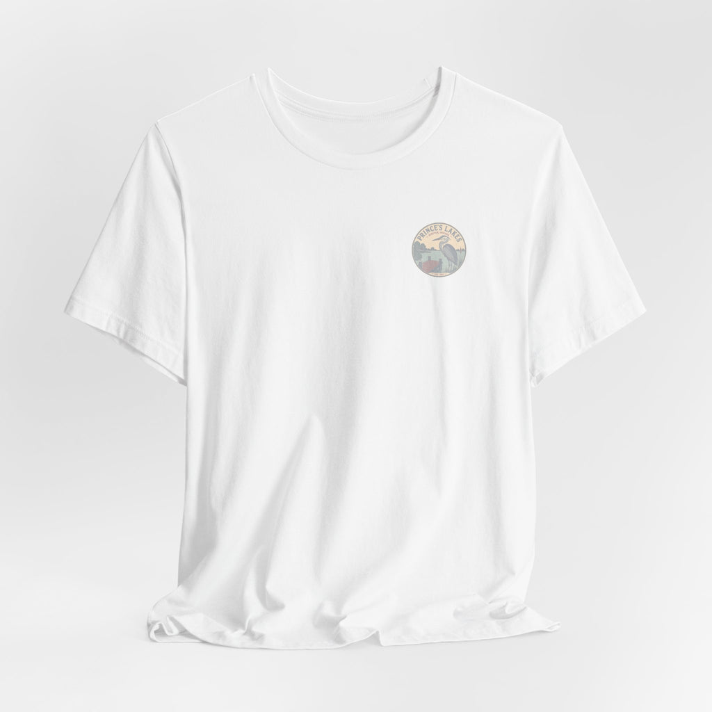 Prince's Lakes Great Blue Heron Graphic Tee — Vintage Nature Pocket & Back Print