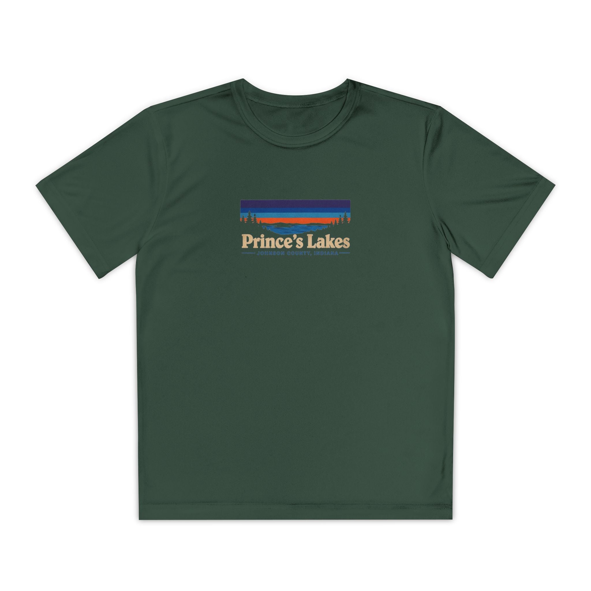 Prince's Lakes Youth Performance Tee — Retro Sunset Camp Shirt