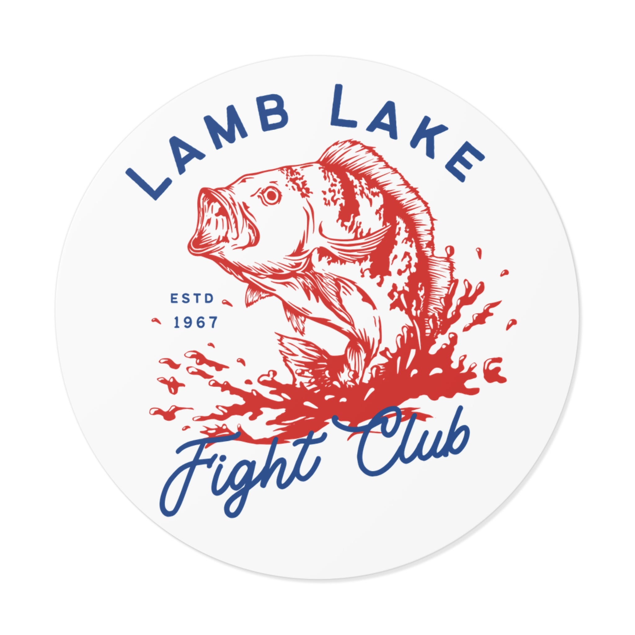 Lamb Lake Fight Club Round Vinyl Sticker — Vintage Fishing Bass Emblem (ESTD 1967)