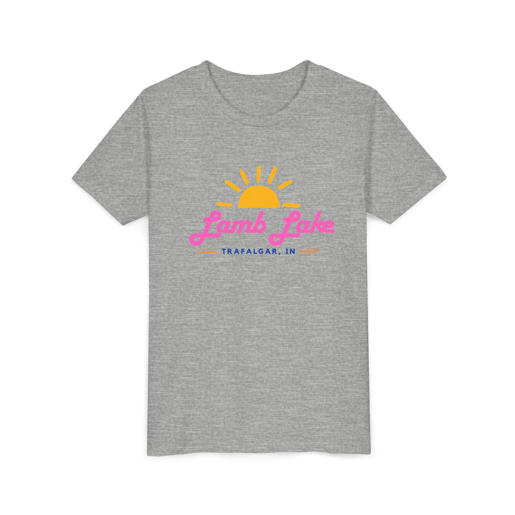 Youth Tee — Lamb Lake Retro Sunset Kids Shirt (Trafalgar, IN)