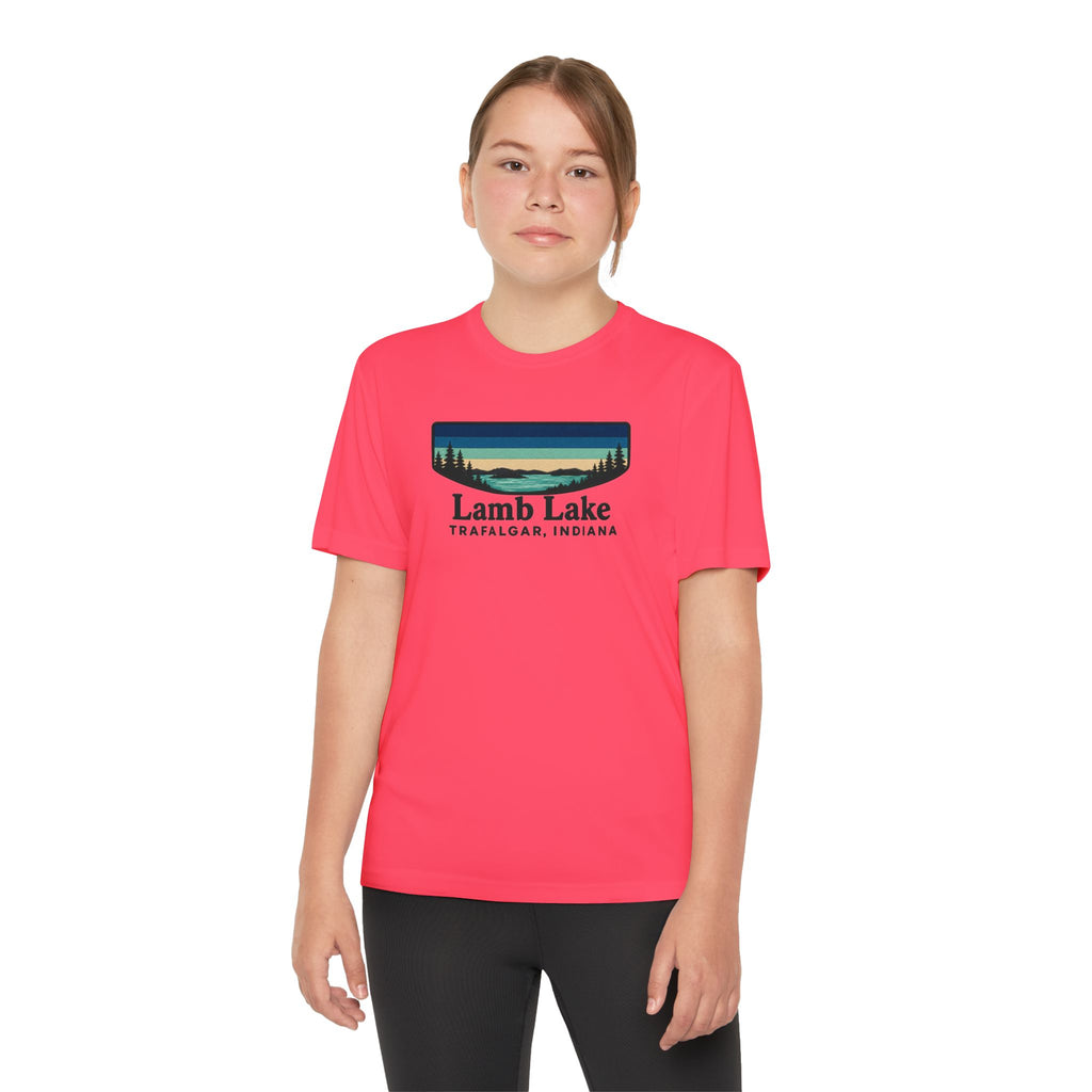 Youth Performance Tee — Lamb Lake Retro Sunset Camp Shirt