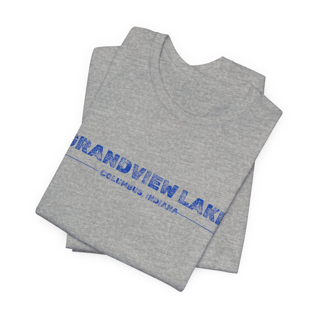 Grandview Lake Columbus, Indiana Tee — Vintage Blue Text Short Sleeve T-Shirt
