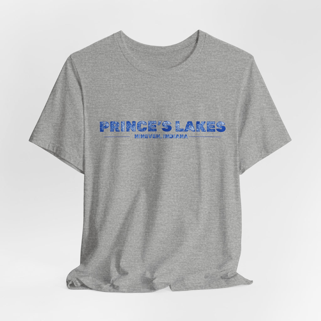 Prince's Lakes, Indiana Tee — Vintage Blue Text Short Sleeve T-Shirt