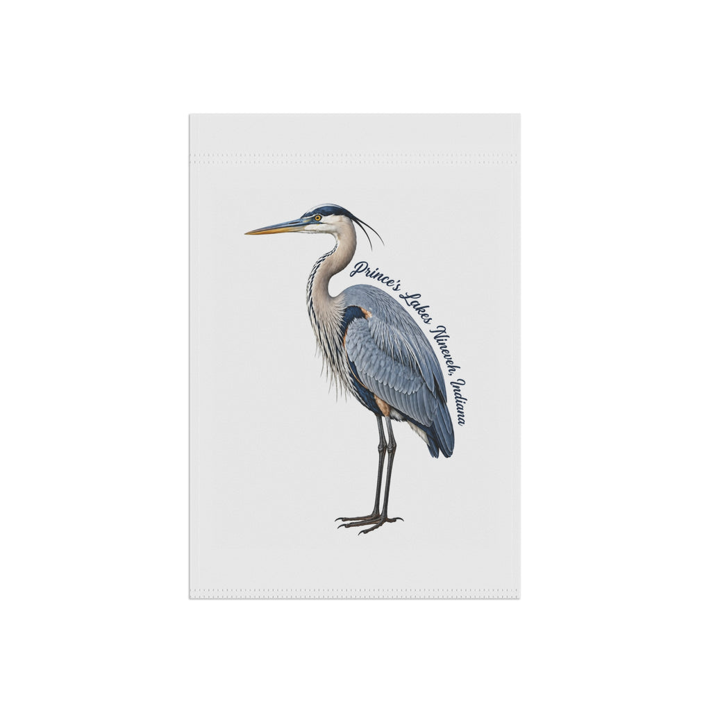 Blue Heron Garden Flag – Personalized 'Prince's Lake, Nineveh, Indiana' House Banner