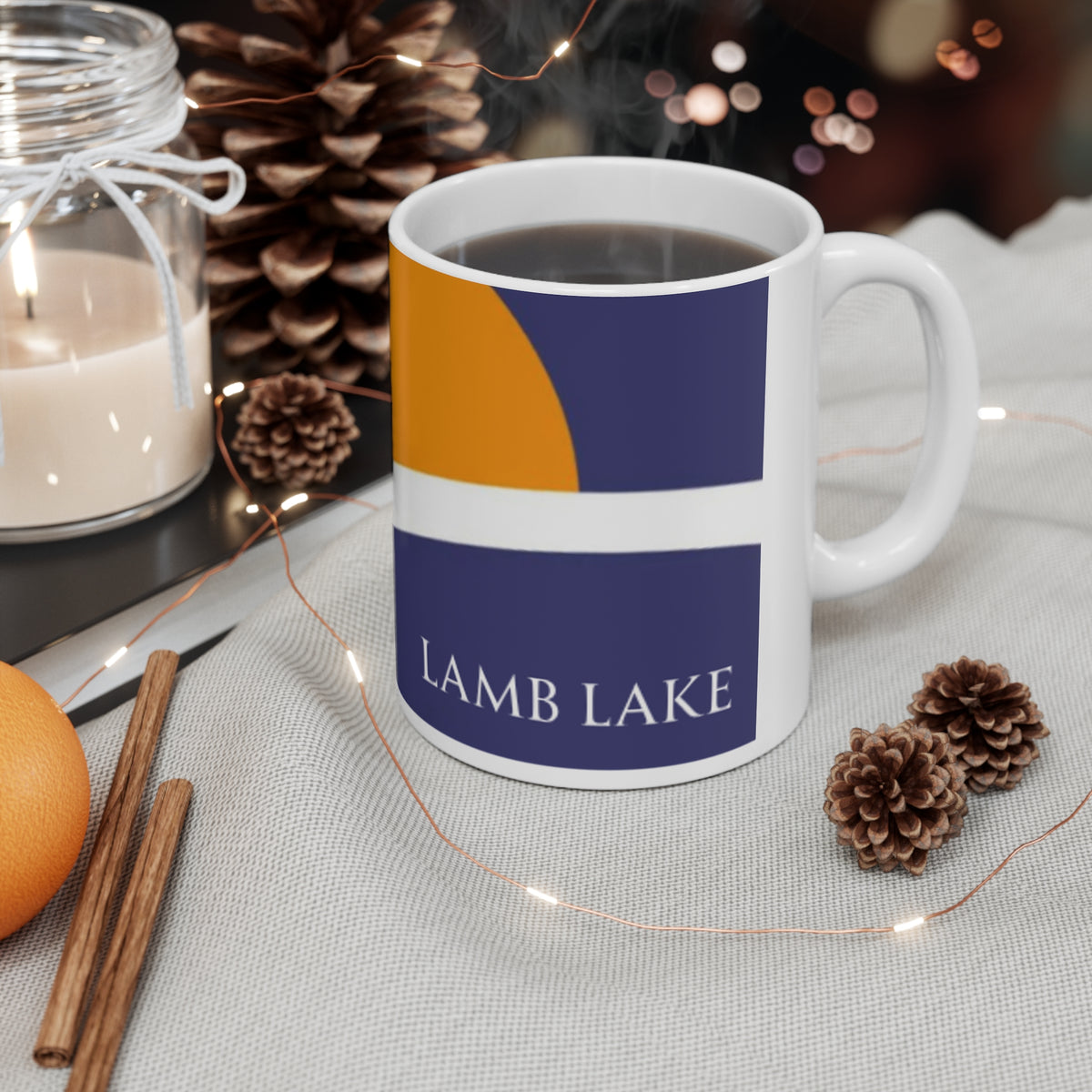 Lamb Lake Flag Sunset Mug — Scenic Lake Cabin Coffee Cup (11oz)