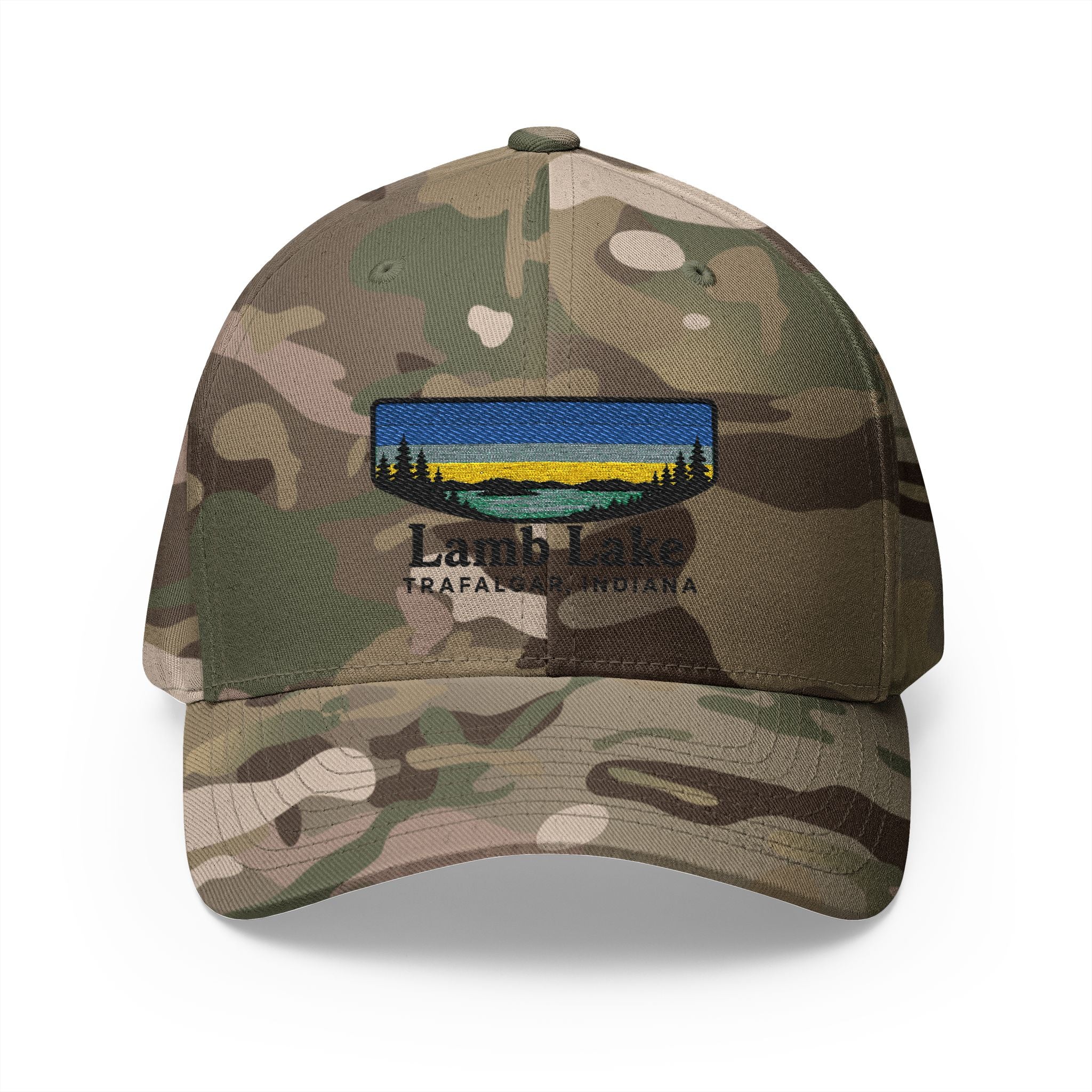 Lamb Lake Embroidered Cap — Scenic Lake Sunset Hat