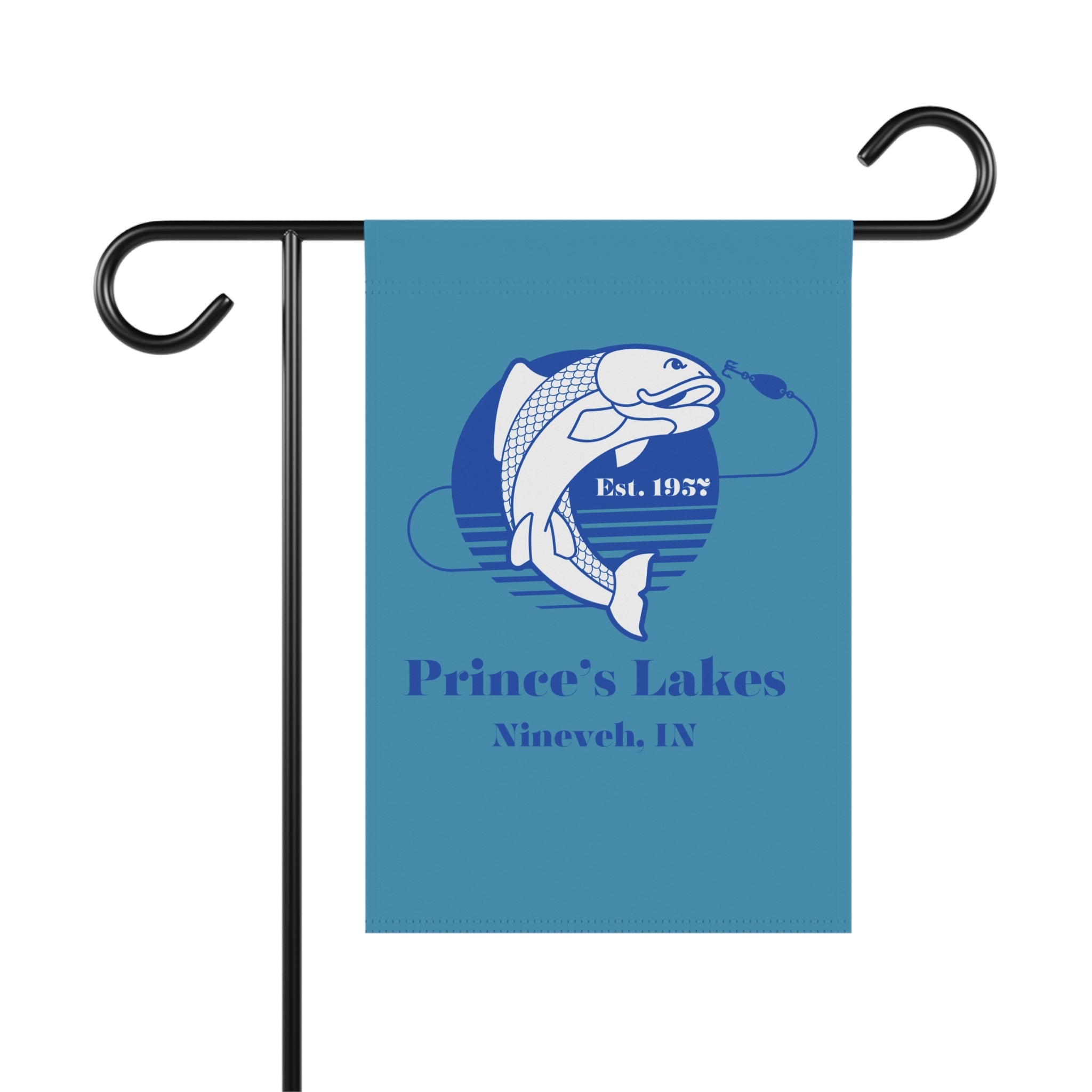 Fishing Garden Flag — "Prince's Lakes, Nineveh, IN" Established 1932 House Banner
