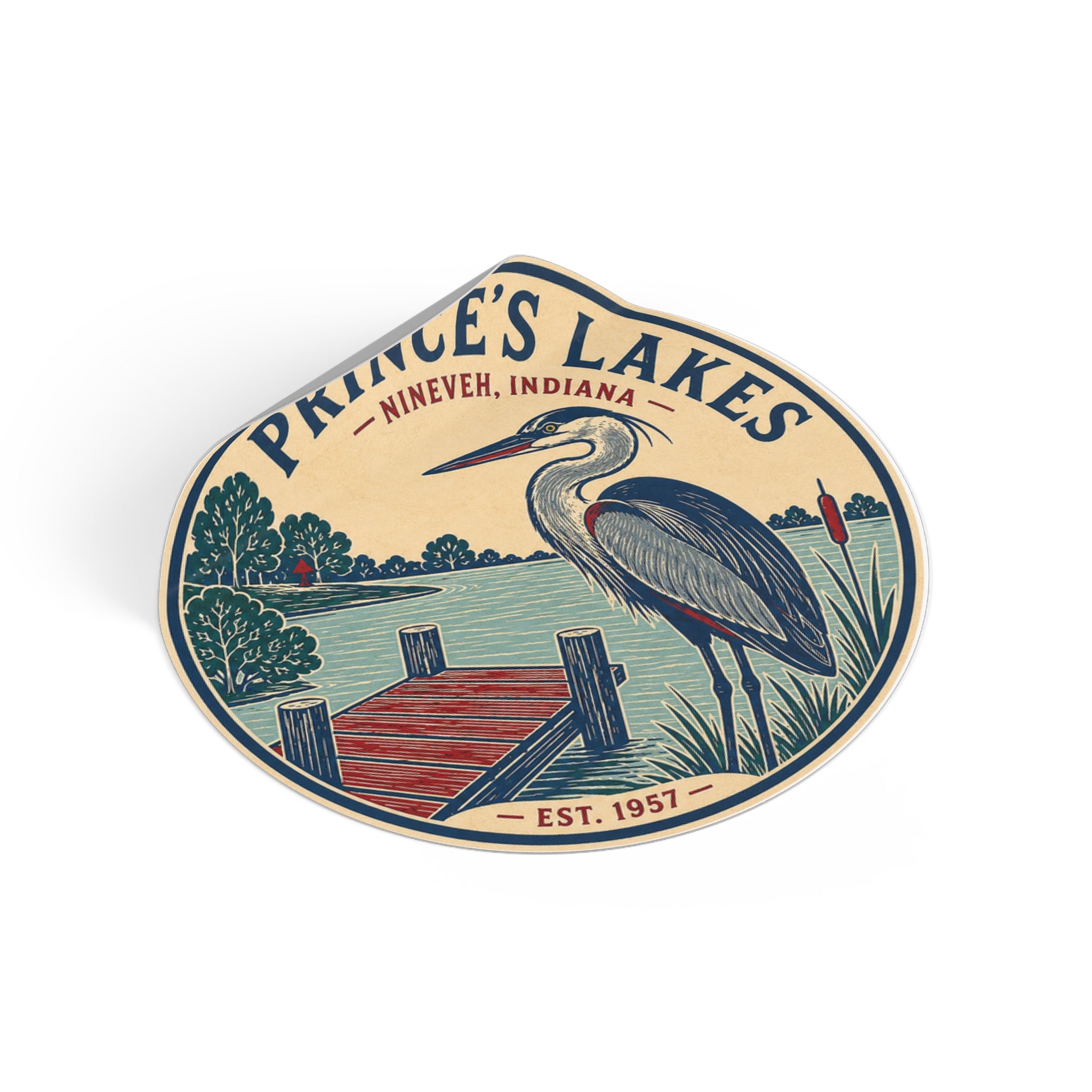 Prince's Lakes Round Vinyl Sticker — Great Blue Heron Lake Emblem