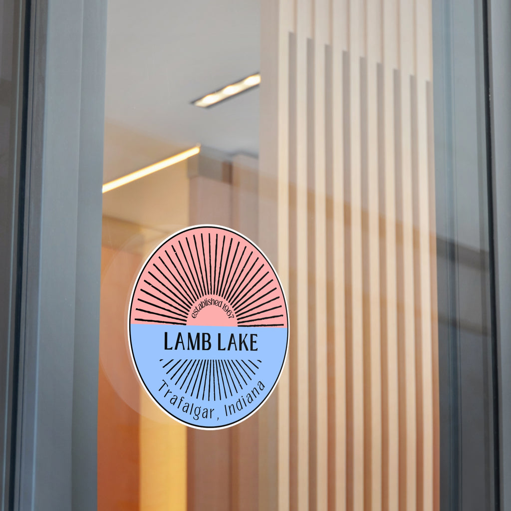 Lamb Lake Split Sun Round Vinyl Sticker — Trafalgar, Indiana (Established 1967)