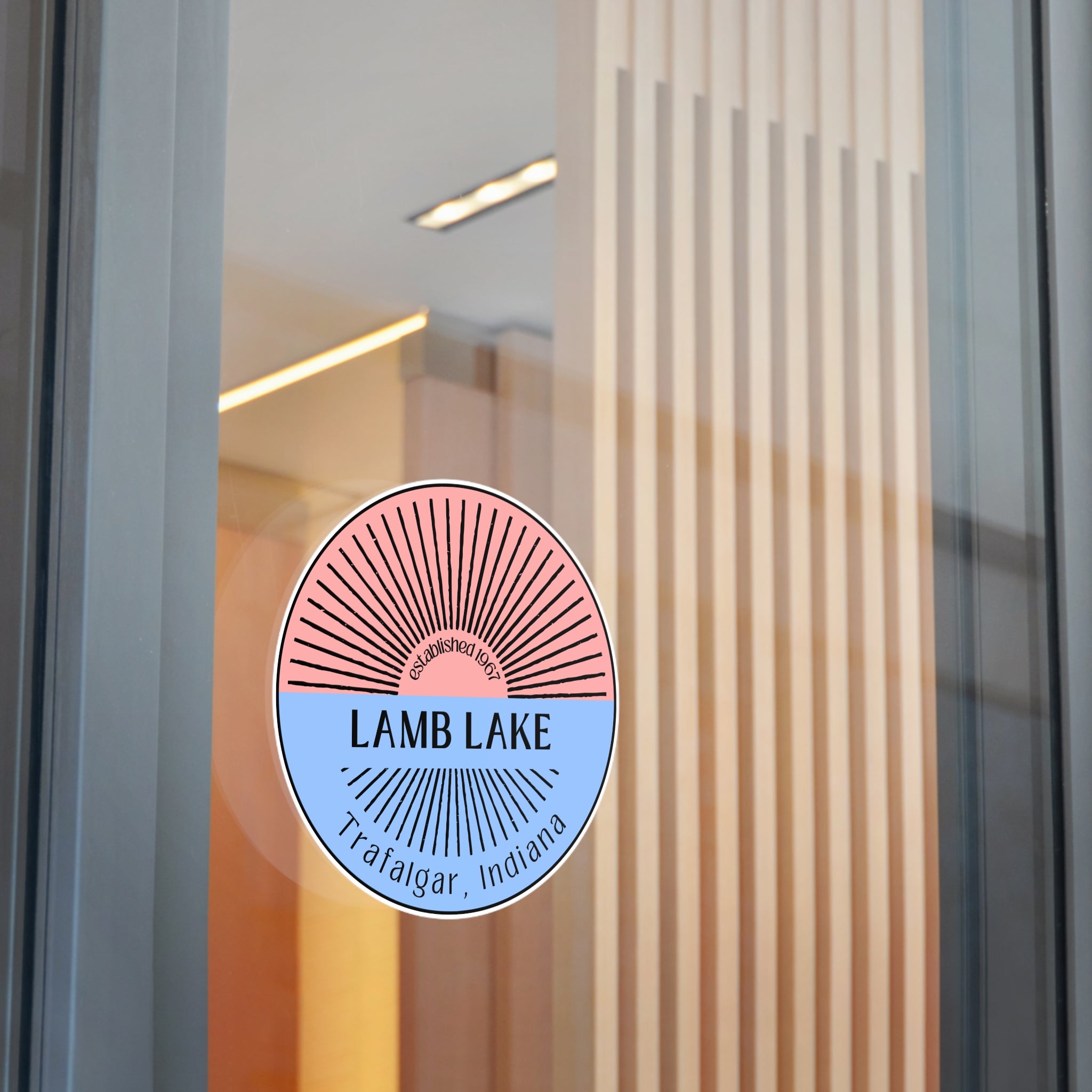 Lamb Lake Split Sun Round Vinyl Sticker — Trafalgar, Indiana (Established 1967)