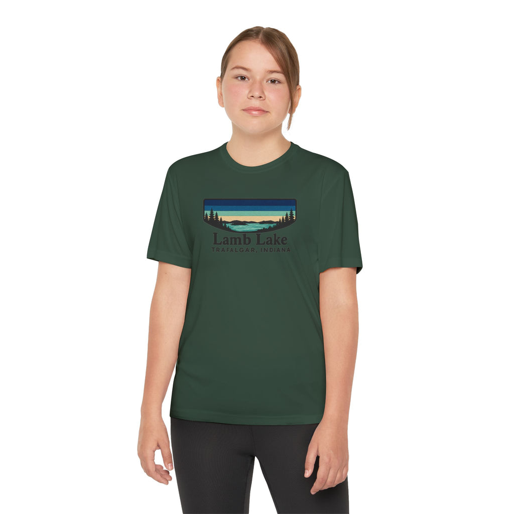 Youth Performance Tee — Lamb Lake Retro Sunset Camp Shirt