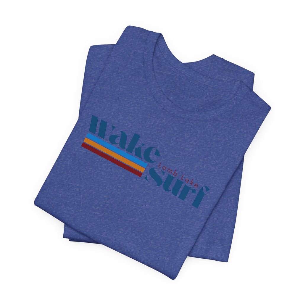 Wake Surf Lamb Lake Stripe Tee — Retro Surfing Graphic T-Shirt