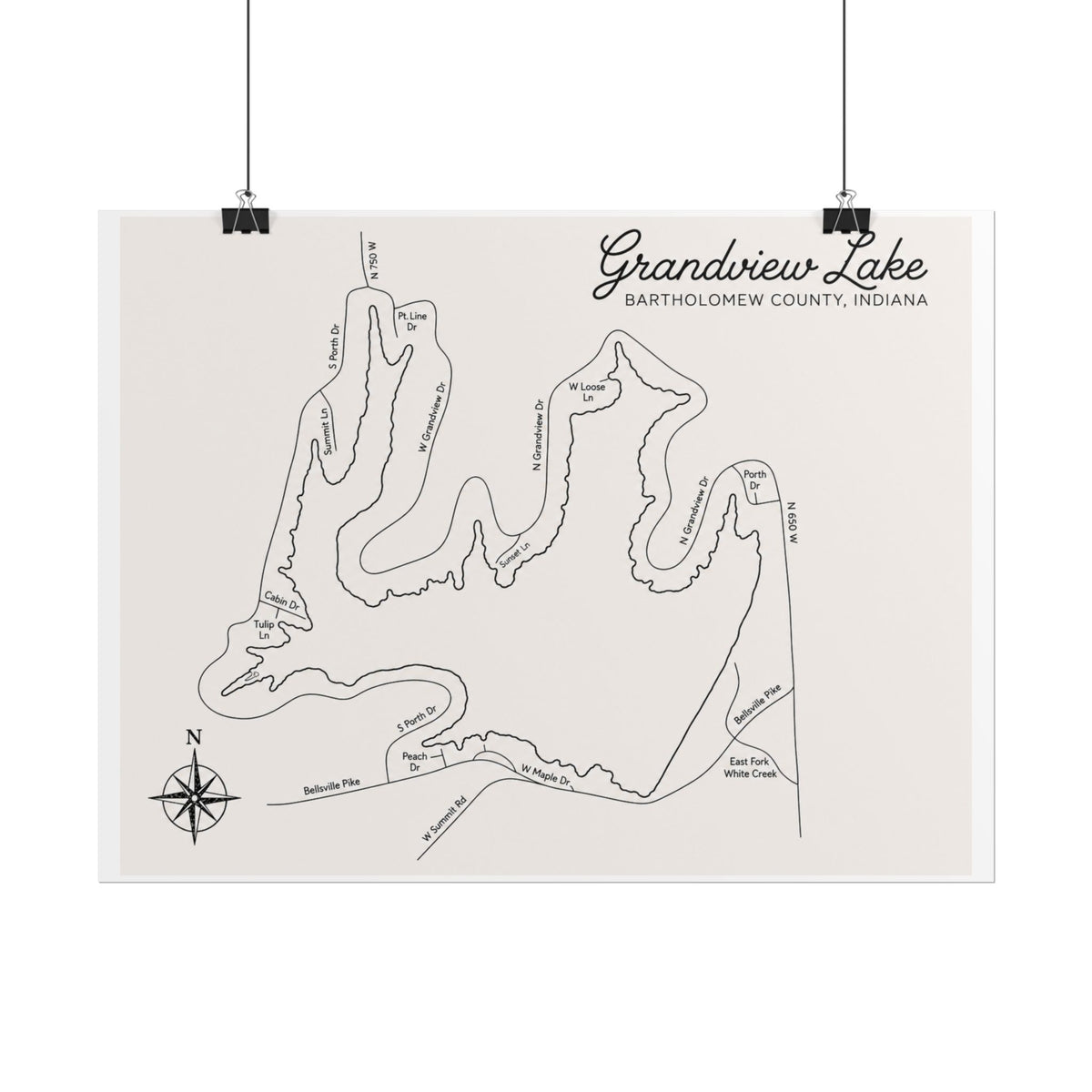 Grandview Lake Map Poster — Rolled Vintage Nautical Lake Map Wall Art