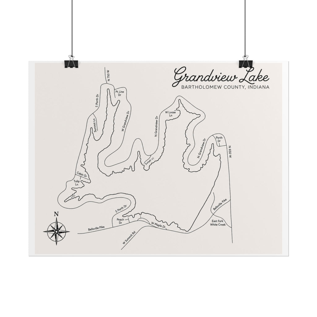 Grandview Lake Map Poster — Rolled Vintage Nautical Lake Map Wall Art