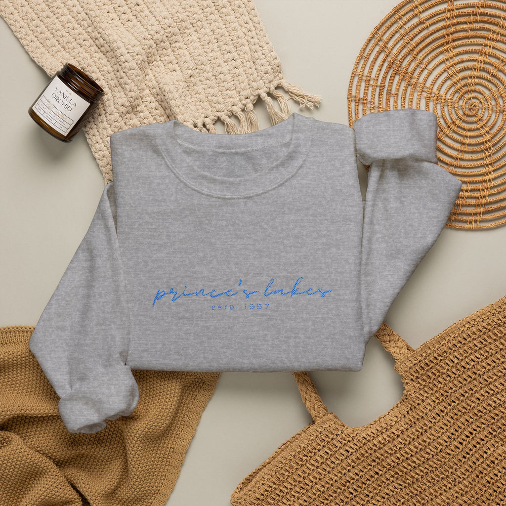 'Prince's Lakes' Script Embroidered Unisex Sweatshirt — Minimal Blue Handwritten Logo Crewneck
