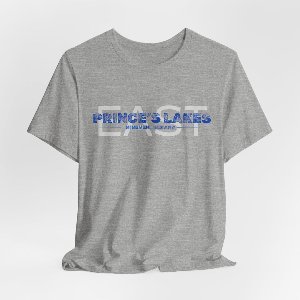 EAST Prince's Lakes, Indiana Tee — Vintage Blue Text Short Sleeve T-Shirt
