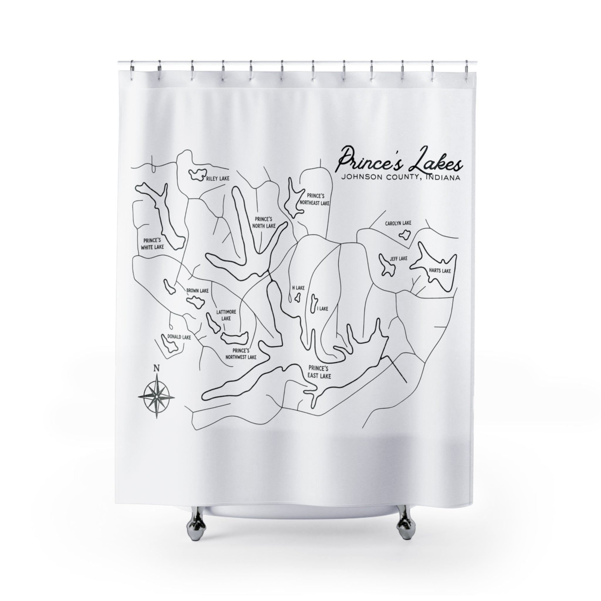 Prince's Lakes Map Shower Curtain — Johnson County, Indiana Lake Map Bathroom Decor