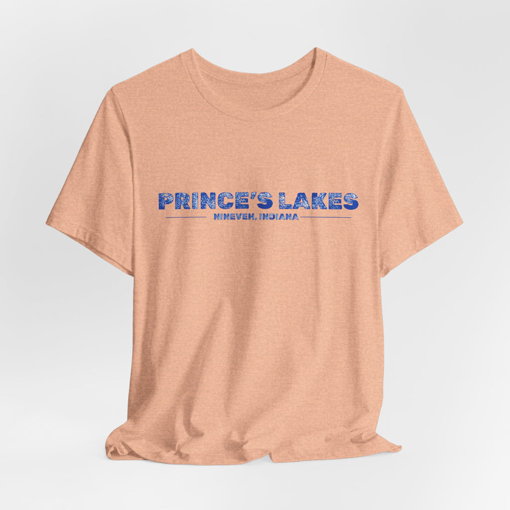 Prince's Lakes, Indiana Tee — Vintage Blue Text Short Sleeve T-Shirt