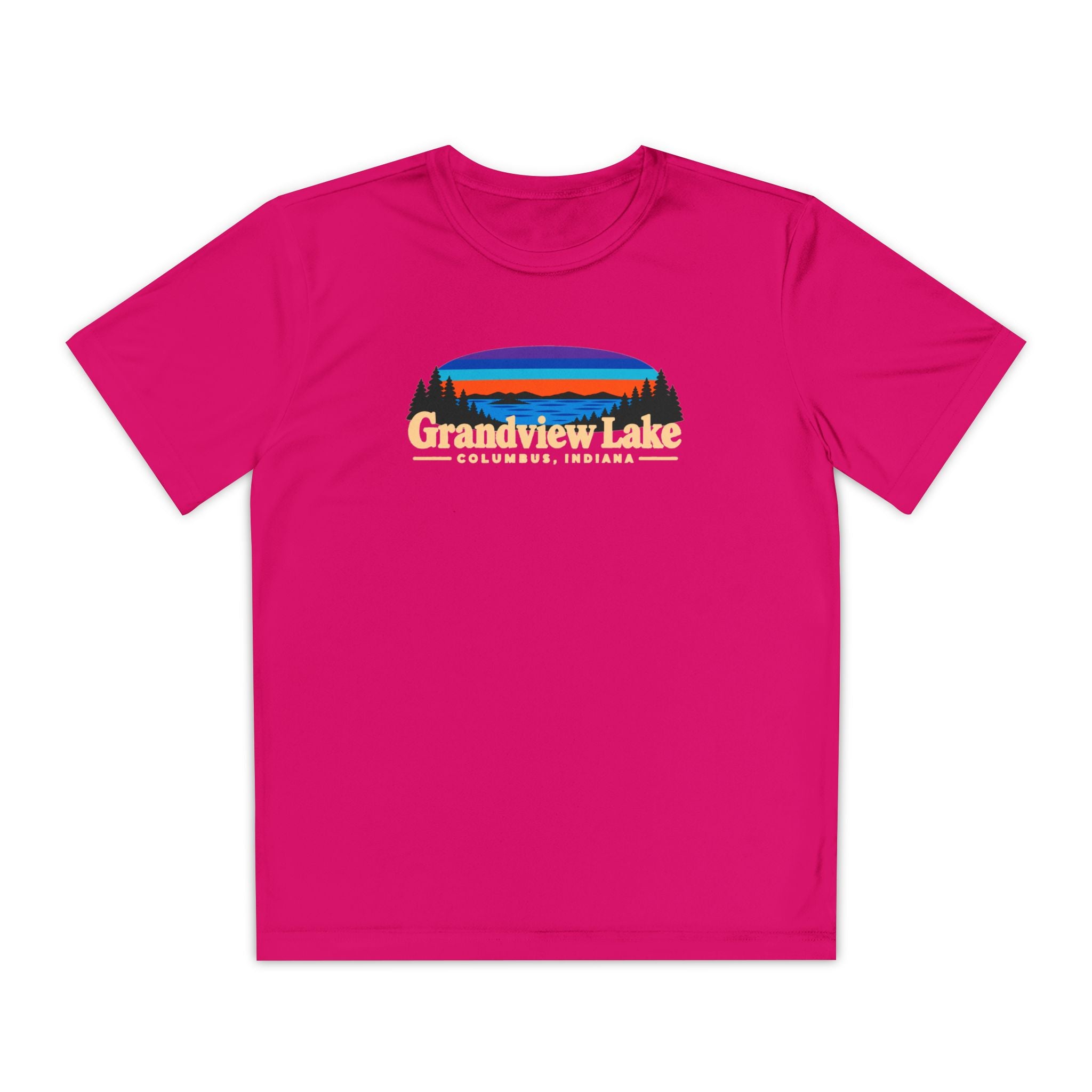 Youth Performance Tee — Grandview Lake Retro Sunset Camp Shirt