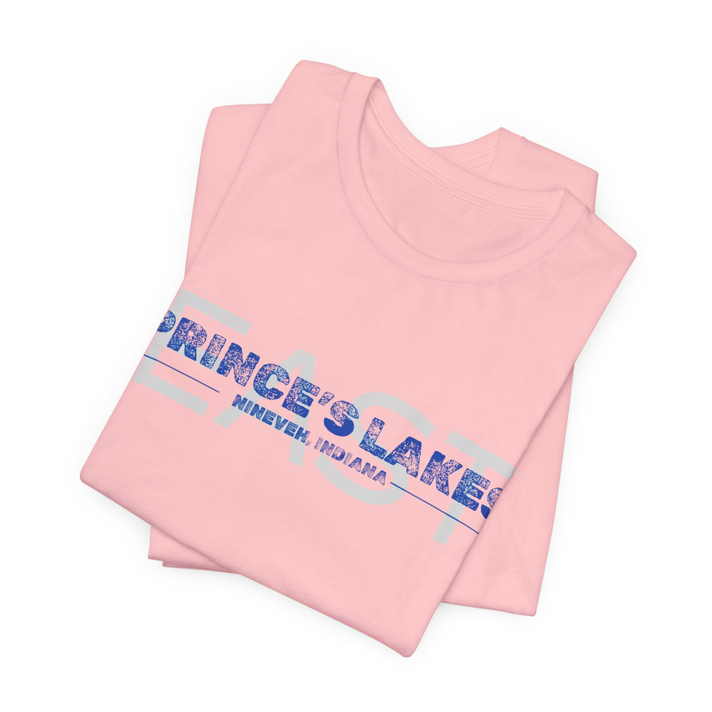 EAST Prince's Lakes, Indiana Tee — Vintage Blue Text Short Sleeve T-Shirt