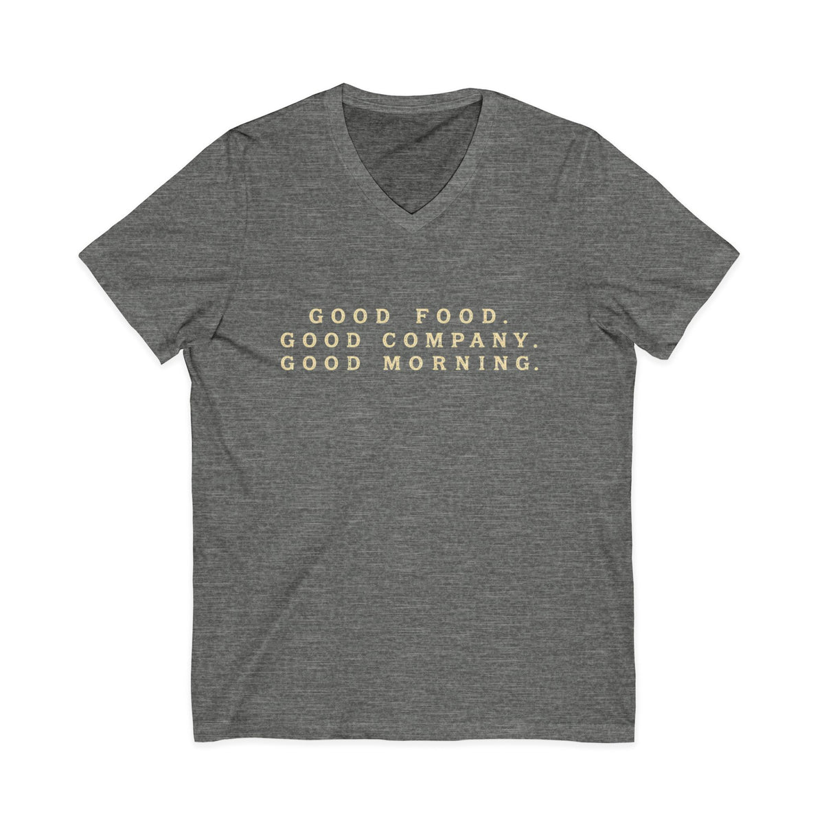 Good Food Good Company Good Morning V-Neck Tee — Retro Lake Breakfast Club Graphic Shirt