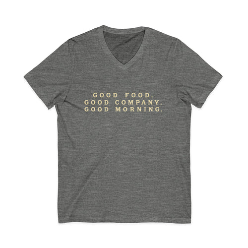 Good Food Good Company Good Morning V-Neck Tee — Retro Lake Breakfast Club Graphic Shirt