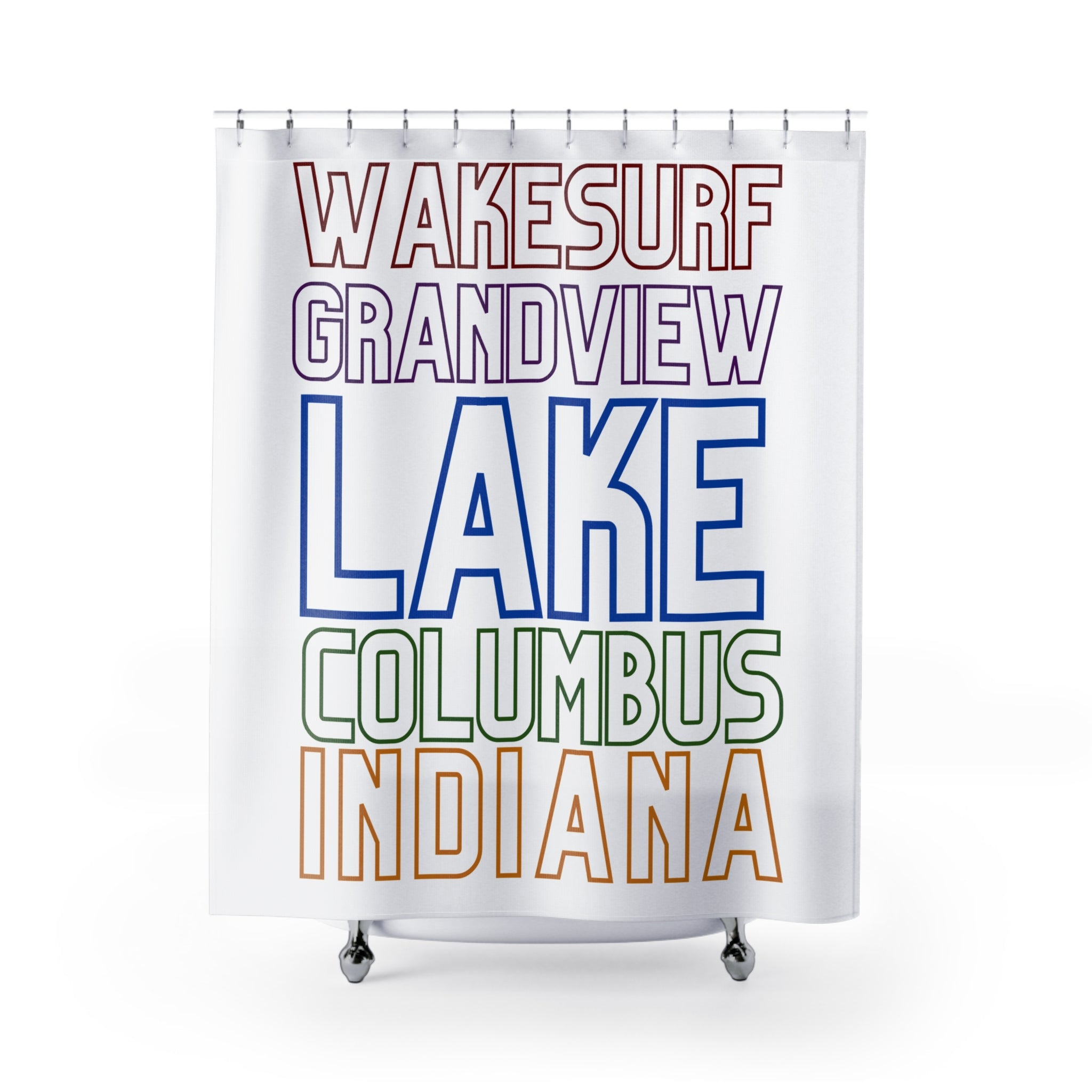 Grandview Lake Wakesurf Shower Curtain — Columbus Indiana Lake Typography