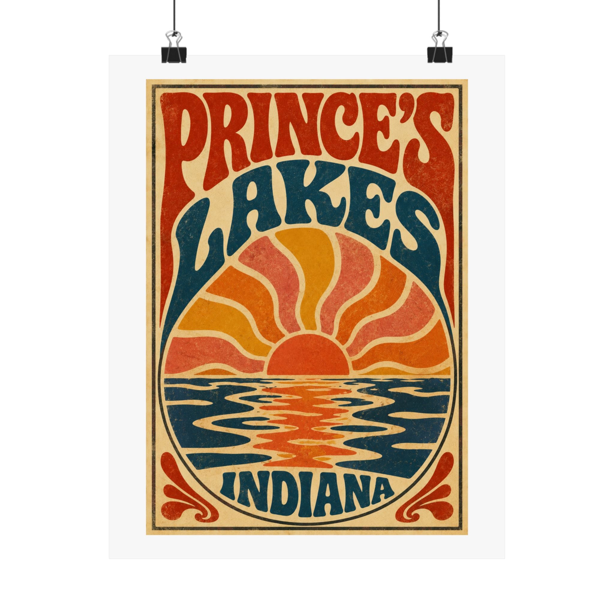 Prince's Lakes Indiana Groovy Sunset Poster — Matte Vertical Wall Art