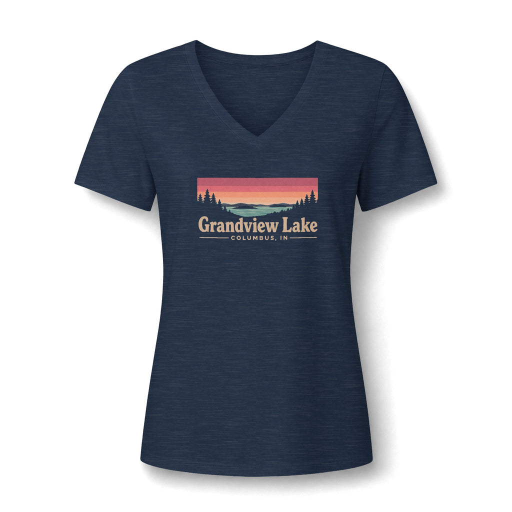 Grandview Lake Women's V-Neck Tee — Sunset Lake Graphic