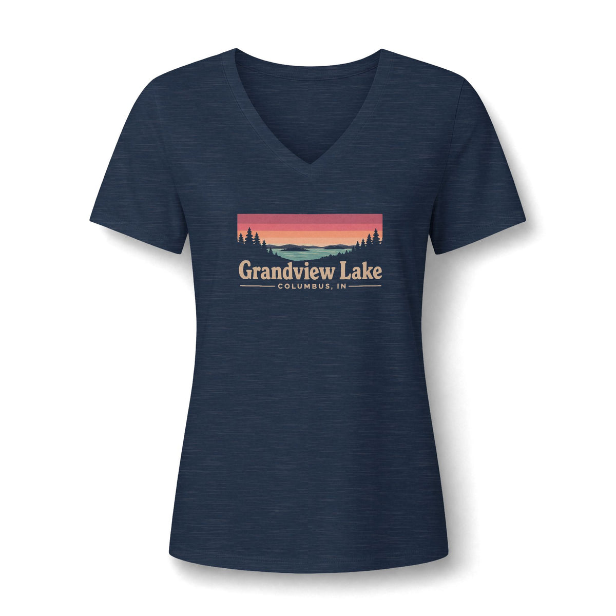 Grandview Lake Women's V-Neck Tee — Sunset Lake Graphic