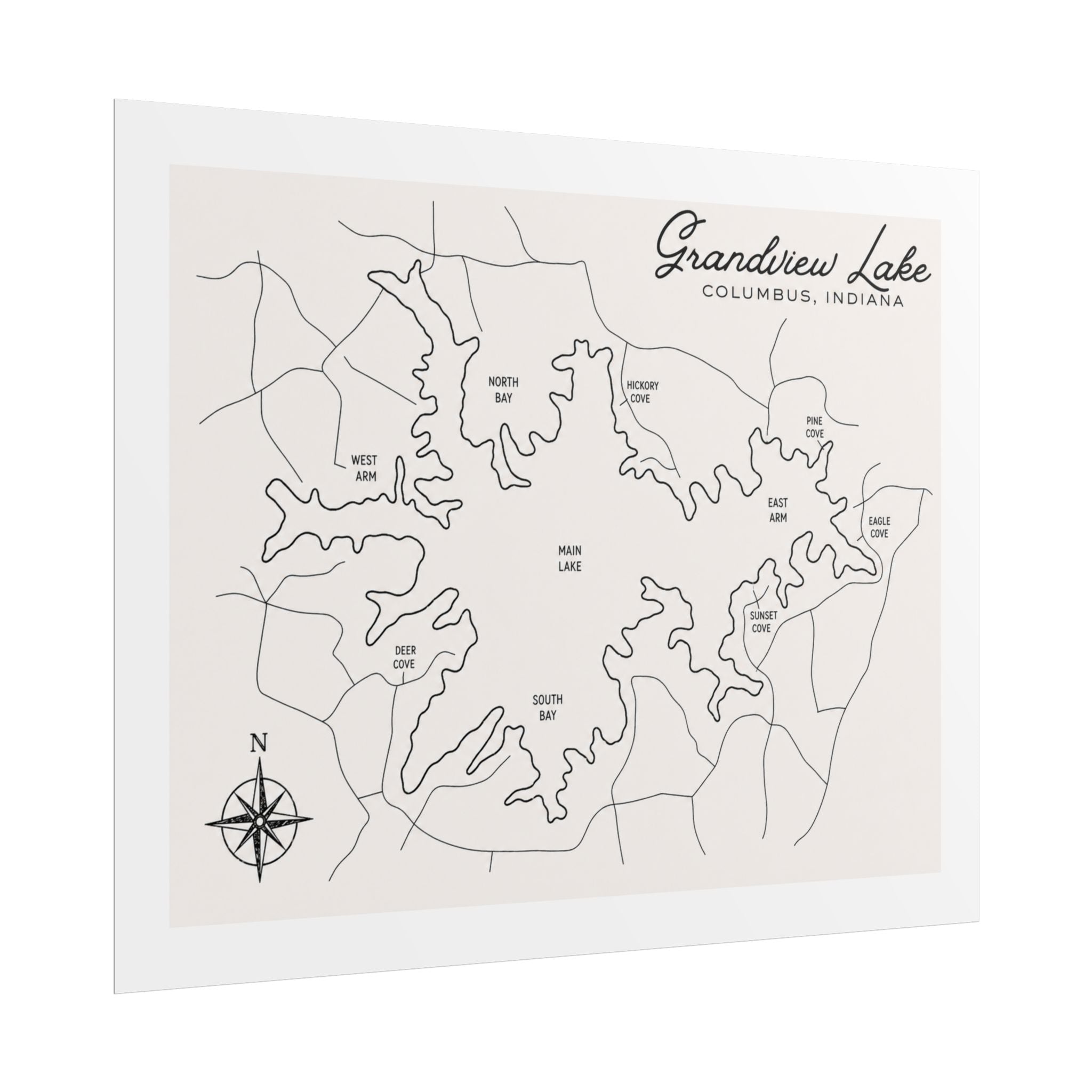 Grandview Lake Map Poster — Rolled Vintage Nautical Lake Map Wall Art
